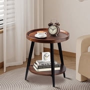 HDUTNGISN 2-Tier Round Brown Wood Side Table with Metal Frames,Small End Table for Living Room