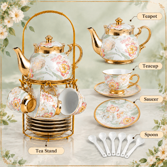  HDUTNGISN 20Pcs European Porcelain Tea Set,Saucers with Metal Holderfor Women,Flower Tea Set,Light green