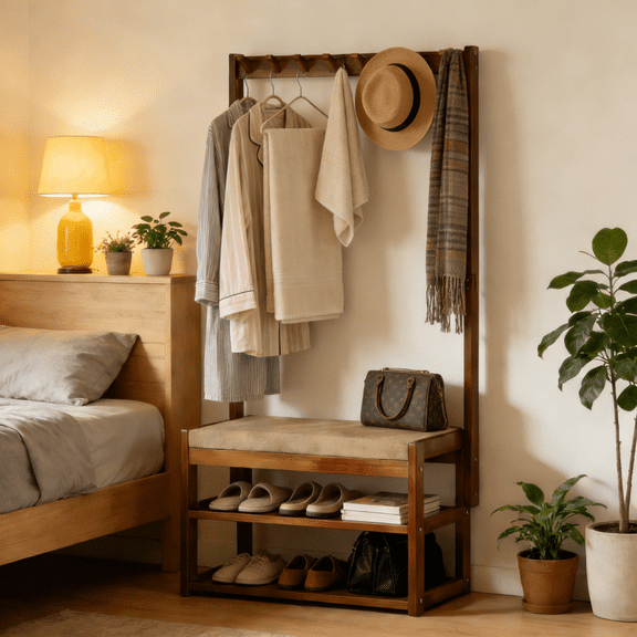 HDUTNGISN 3-in-1 Entryway Bench with Coat Rack&Shoe Storage,Hall Tree Organizer,Rustic Brown Bamboo Frame for Entryway