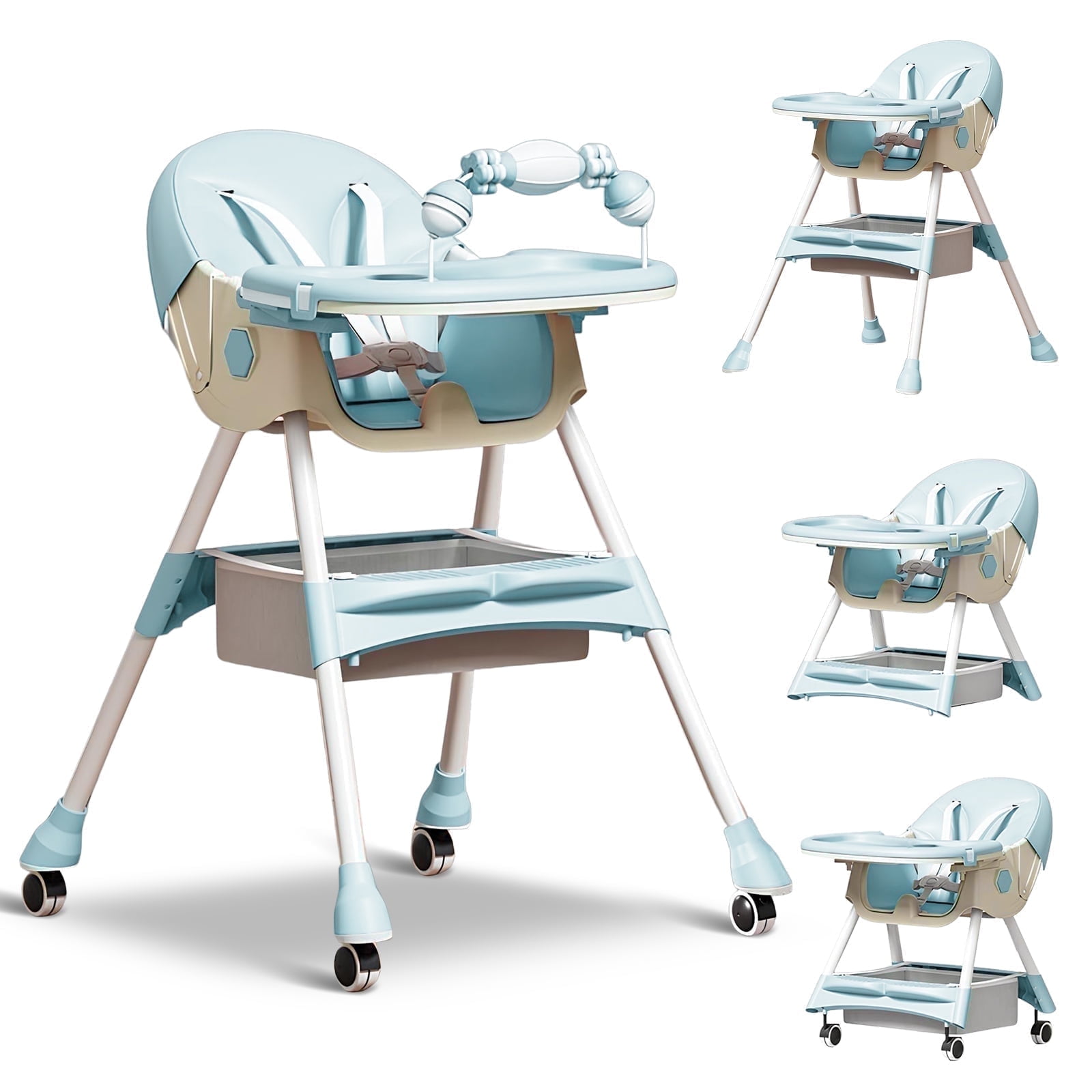 HDUTNGISN 4-in-1 Baby High Chair,Foldable Highchair Dining Feeding Chair with Five-Point Harness Double Dining Plate & Toy Rack,Infant to Toddler,Green
