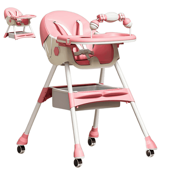 HDUTNGISN 4-in-1 Baby High Chair,Foldable Highchair Dining Feeding Chair with 5-Point Harness Double Dining Plate & Toy Rack,Infant to Toddler,Pink