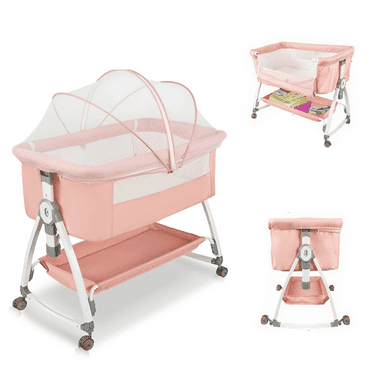 HDUTNGISN 4-in-1 Pink Rocking Bassinet with Musical Toys, Storage Basket & Wheels Adjustable Bedside Rest for Newborns