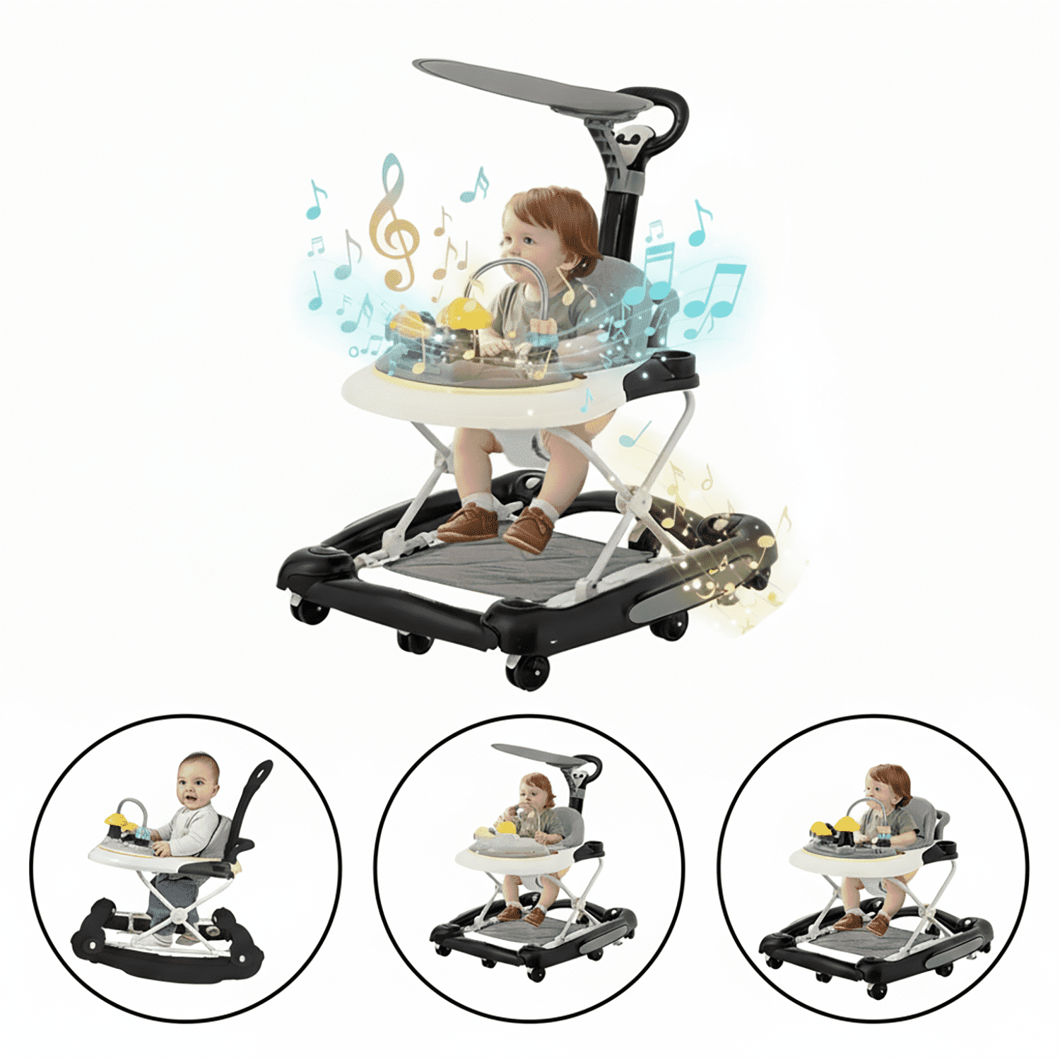 HDUTNGISN 5-in-1 Black Adjustable Baby Walker with Wheels for Boys & Girls