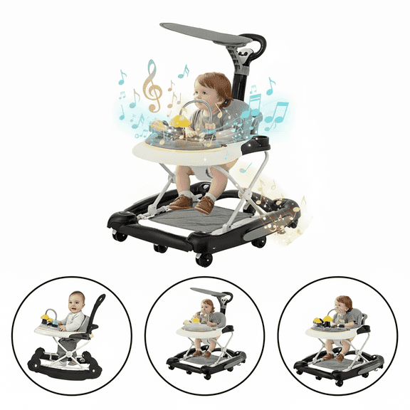 HDUTNGISN 5-in-1 Black Adjustable Baby Walker with Wheels for Boys & Girls