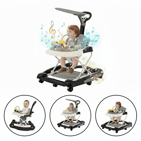 HDUTNGISN 5-in-1 Black Adjustable Baby Walker with Wheels for Boys & Girls