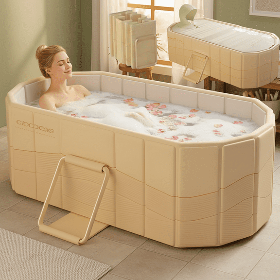 HDUTNGISN 59"Large Foldable Bathtub for 2 People,Upgraded Adult Tub for Hot Ice Bath,Yellow with A Lid