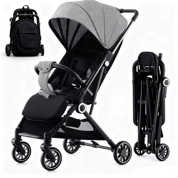 Foldable Baby Stroller,Travel Stroller with 5-Point Harness,Adjustable Backrest/Canopy,Storage Basket(Gray)