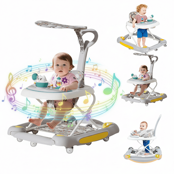 HDUTNGISN Gray 6-in-1 Foldable Baby Walker for 6-24 Months,Bouncer,Tray & Music