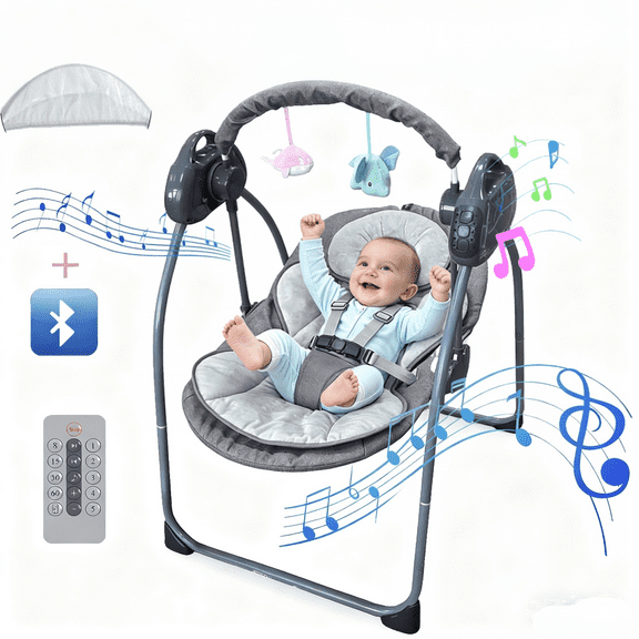HDUTNGISN Gray Electric Baby Swing for Newborns,Motorized with Bluetooth Music & Remote Control