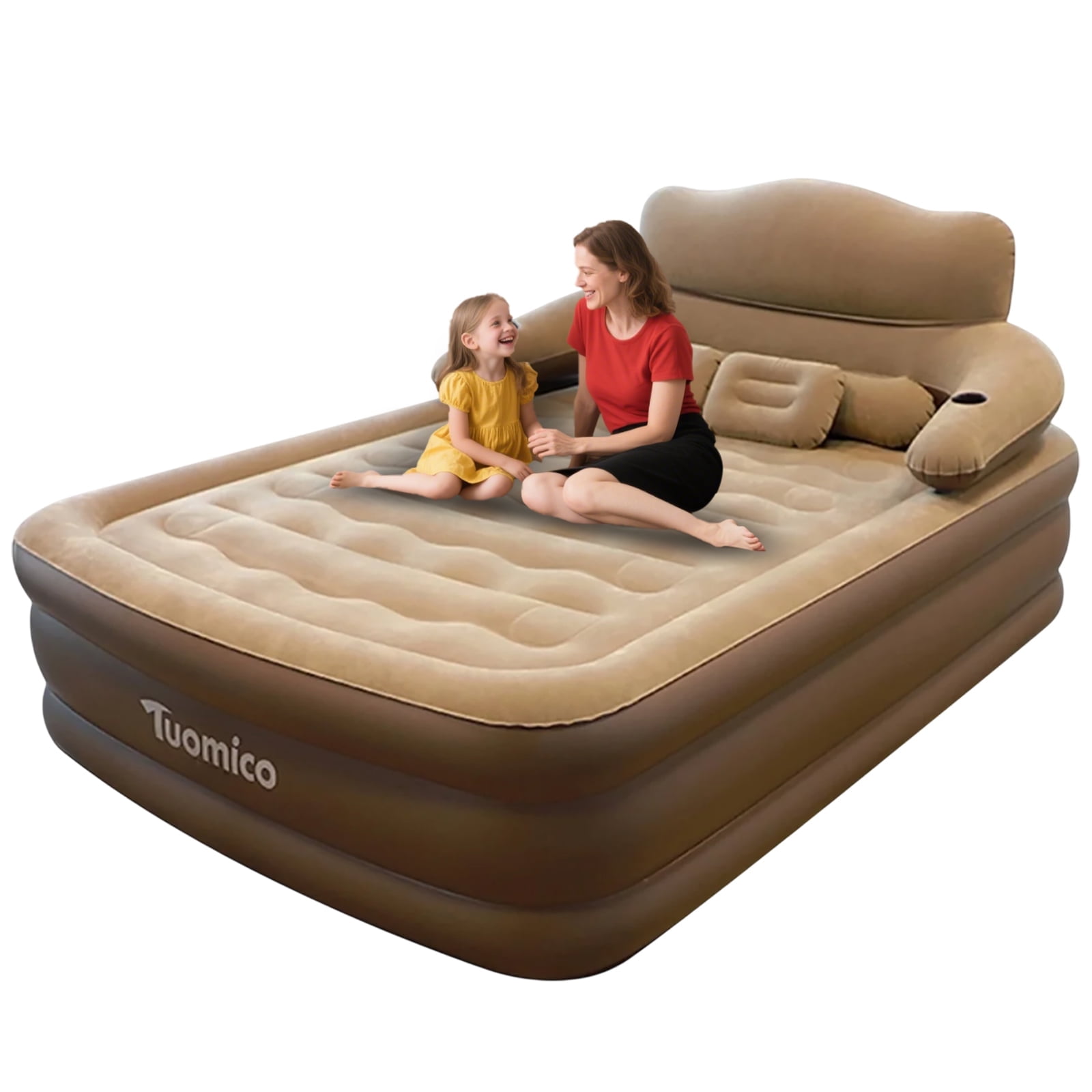 HDUTNGISN Queen  Size Inflatable Air Mattress with Built-in Pump-Leak-Proof,Foldable,Removable Backrest & Pillows（Brown)