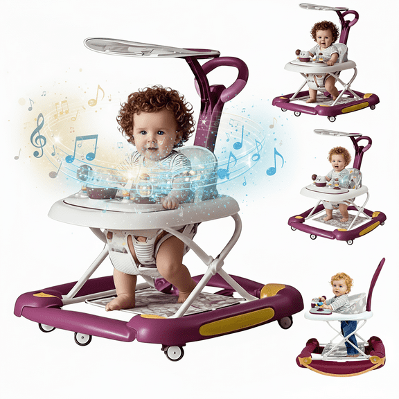 HDUTNGISN Red 6-in-1 Foldable Baby Walker for 6-24 Months,Bouncer,Tray & Music