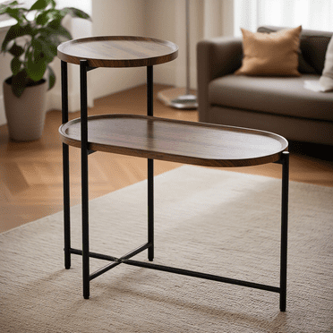 HDUTNGISN Round 2 Tier Side Table for Small Spaces,Wooden Top & Black Metal Frame, Brown