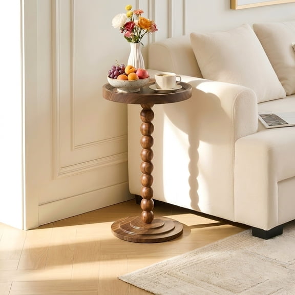 HDUTNGISN Round Side Table for Small Spaces,Modern Coffee End Table with Soild Wood Leg,Anthropologie Furniture,Solid wood,Brown