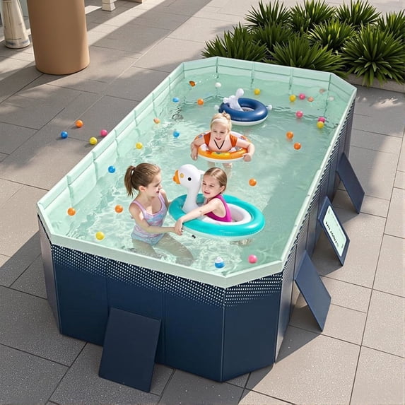 HDUTNGISN 113"×66"×20"Foldable Swimming Pool for Kids & Family,Non-Inflatable Pool with Metal Frame,Blue