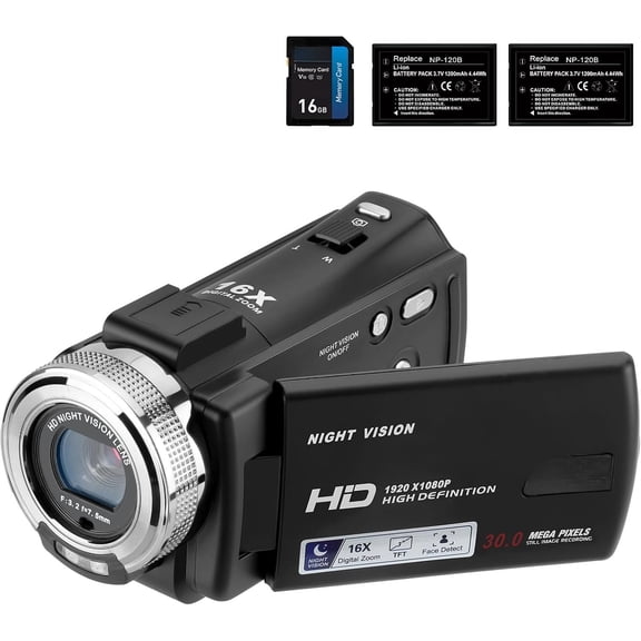HDV-V12 Video Camera Camcorder Digital Recorder | 1080P 30FPS 30MP | 3.0 Inch Rotation LCD | 16X Digital Zoom | Night Vision - Black (V12+16GB Card)