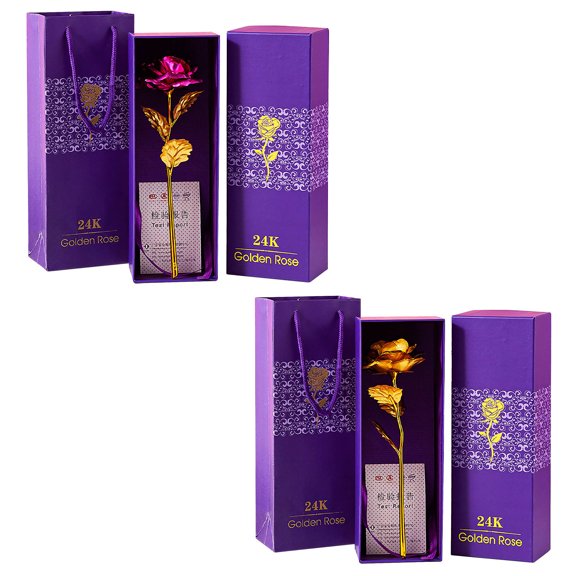 HDWUEN 2Pcs 24K Purple Rose Flower,Gold Dipped Rose 24K Forever Rose with Gift Box and Bag for Lover Mother Friends,Christmas Thanksgiving Wedding Anniversary Mother's Day Valentine's Day
