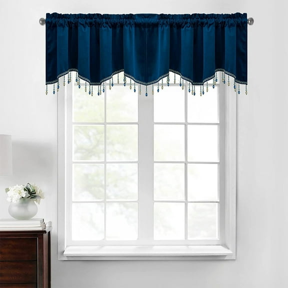 HDWUEN Beaded Swag Blackout Curtain Crystal Scalloped Valance for Bedroom Living Room Valance Curtain, Navy Blue