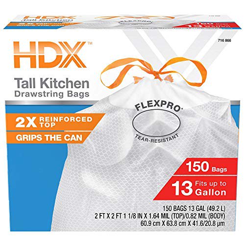 HDX 13 Gal. FlexPro Reinforced Top Drawstring Kitchen Bags (150Count
