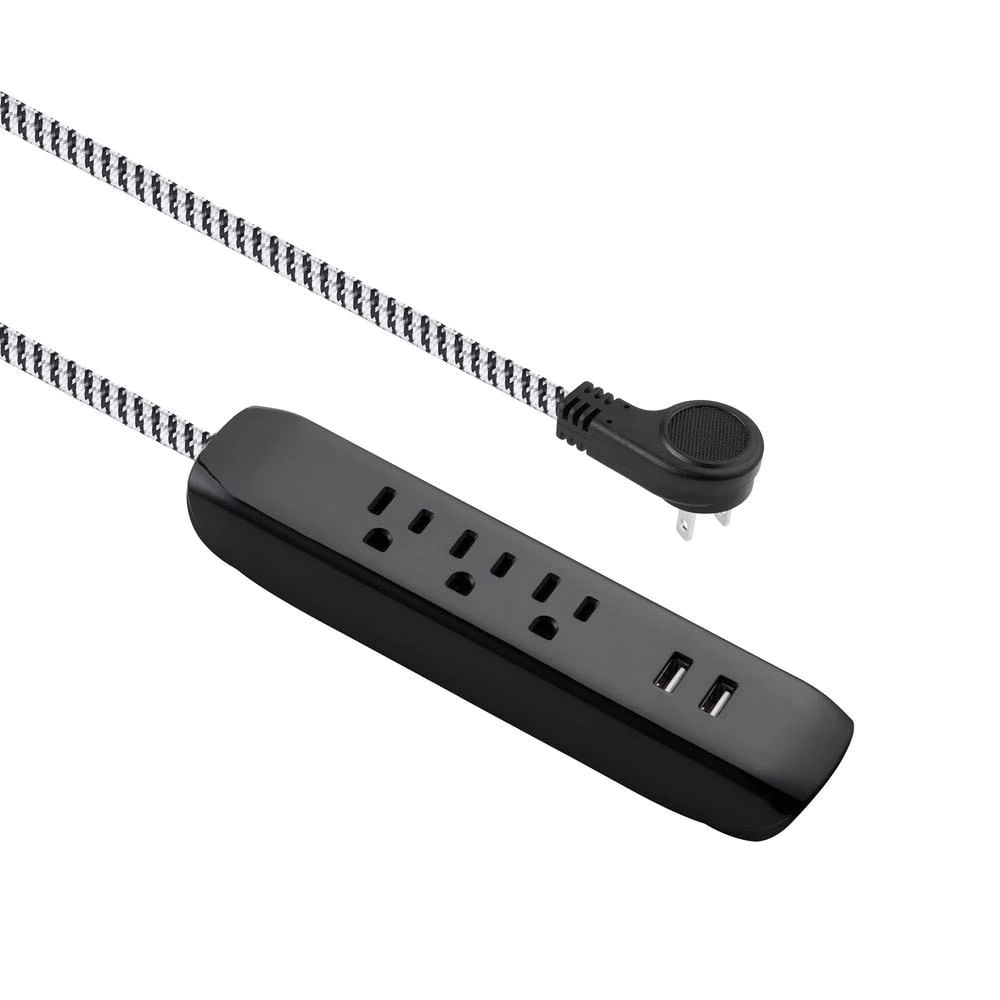 HDX 15 Ft. 16/3 3 Outlet, 2 USB Braided Extension Cord in Black and