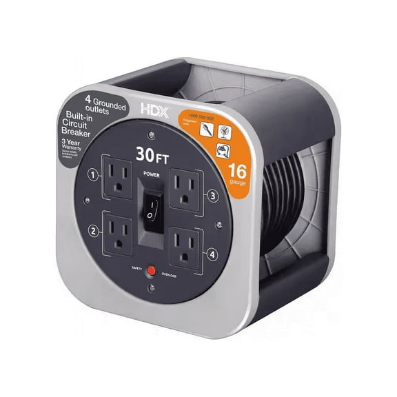 HDX 30 ft. 16/3 Extension Cord Reel with 4 Grounded Outlets and Surge Protector in Gray