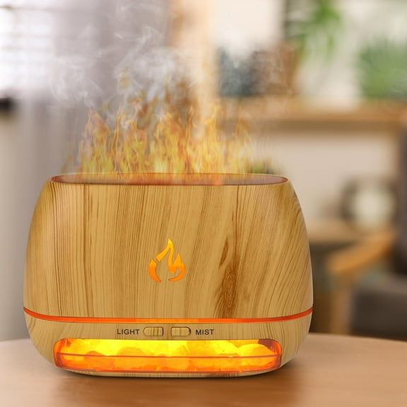 3-in-1 Himalayan Salt Rock Scent Diffuser, Ultrasonic Essential Oil Diffuser, Simulation Flame Diffuser, 7 Colors Changing Oil Diffuser, Wood Grain Aroma Diffuser 200ml