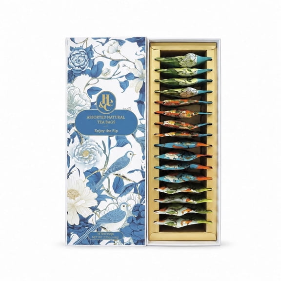 HE&C Light Floral Collection Assorted Premium Tea Bags Gift Set, 4 Flavors, Jasmine Green, Peach Oolong, Chrysanthemum Black, Orange Herbal, 16 Count (White Box)