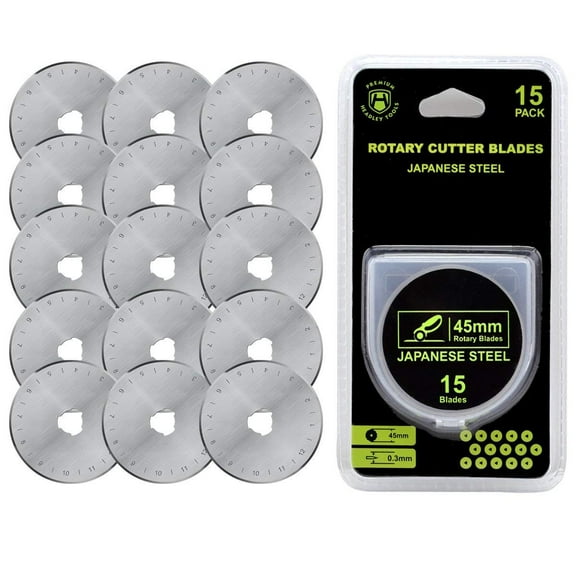 HEADLEY TOOLS 45mm Rotary Cutter Blades 15 Pack Fits Olfa, Fiskars, Replacement Rotary Blade for Arts Crafts Quilting Scrapbooking Sewing, Sharp and Durable C52