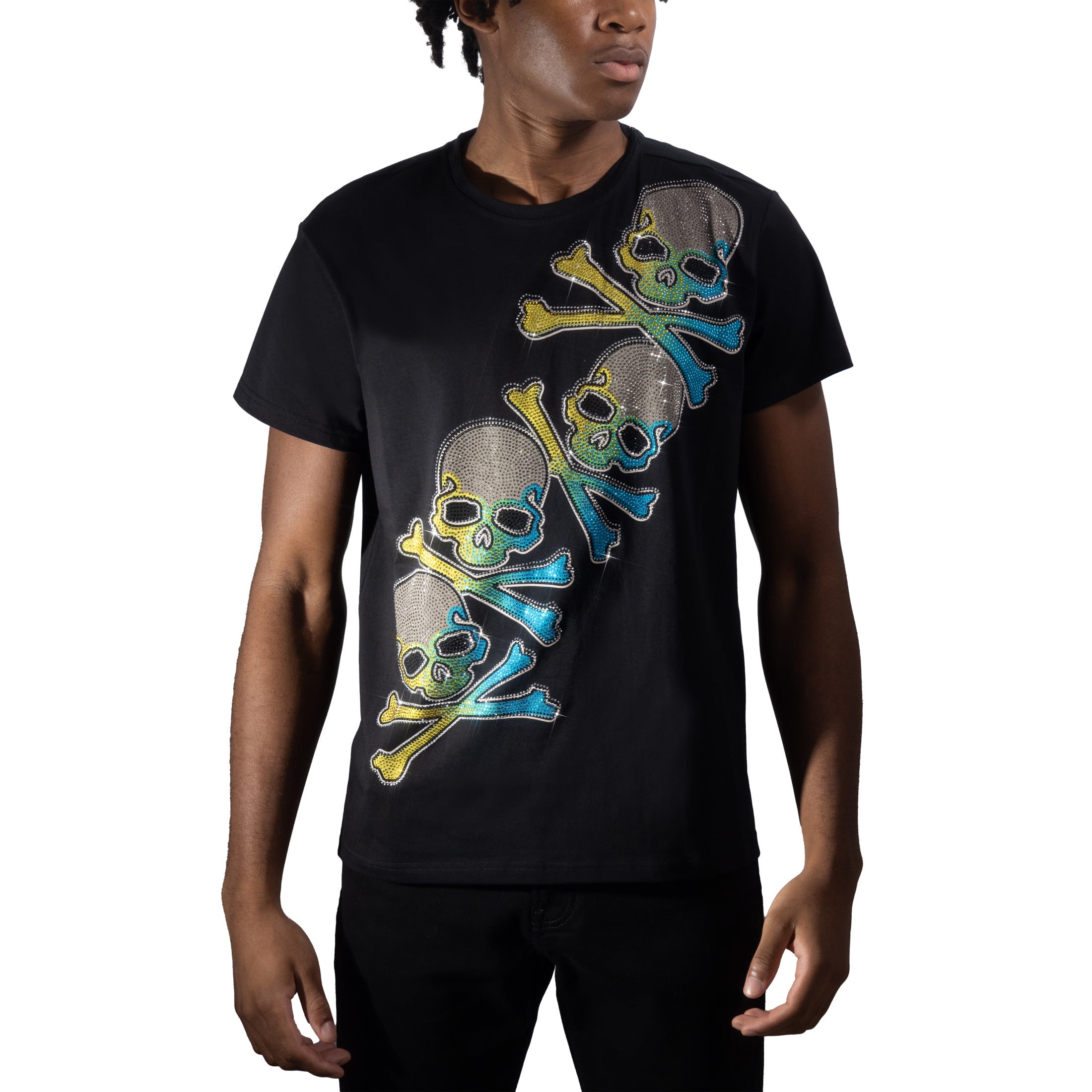 HEADS OR TAILS Mens Rhinestone T-Shirt Skull Guitar, Black