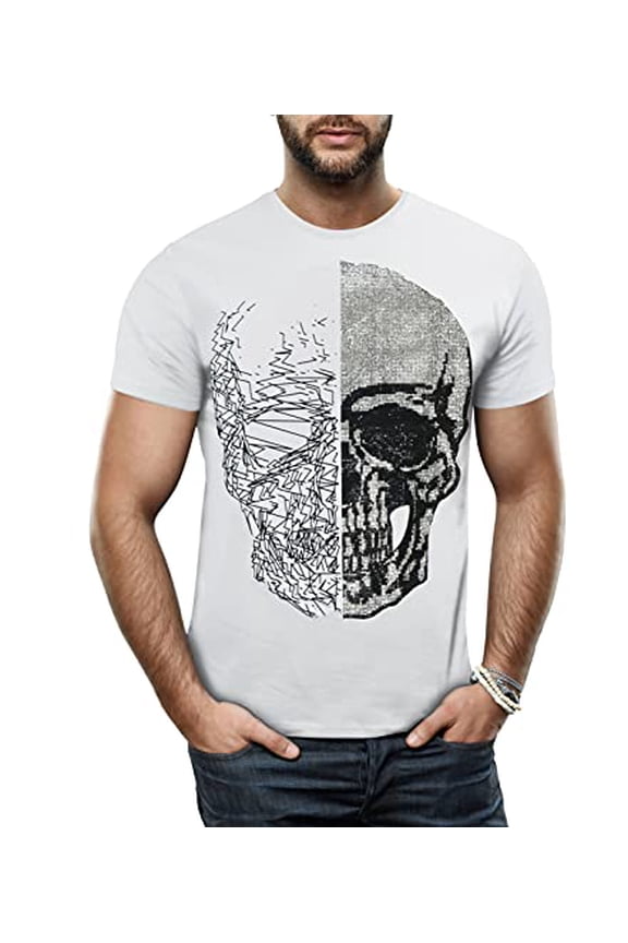 Men's Rhinestone Graphic T-Shirt, Bling Stone Studded Slim Fit Casual Tee, Half Line Sketch Skull - White/Silver, Large