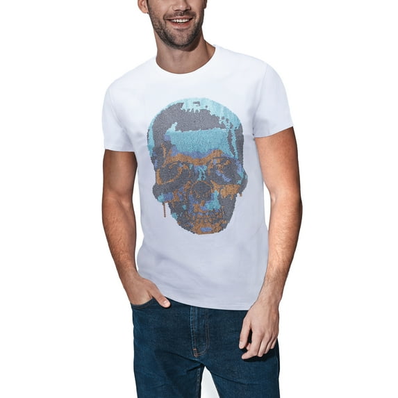 HEADS OR TAILS Men's Rhinestone Graphic T-Shirt, Bling Stone Studded Slim Fit Casual Tee for Men, Golden Blue Skull - White, Large
