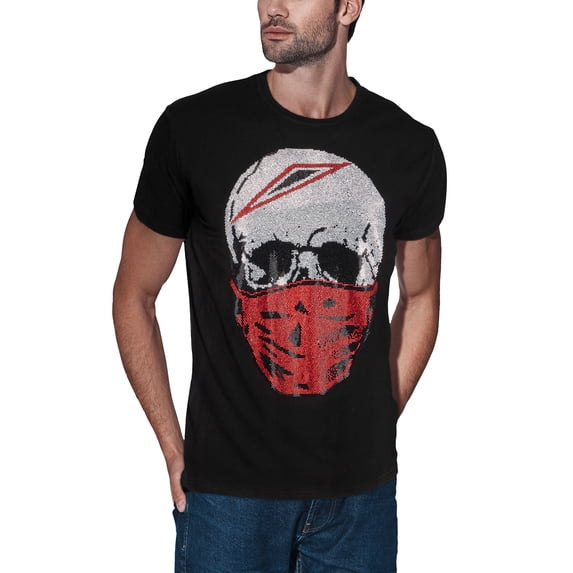 HEADS OR TAILS Men's Rhinestone Graphic T-Shirt, Bling Stone Studded Slim Fit Casual Tee for Men, Masked Skull - Black, Large