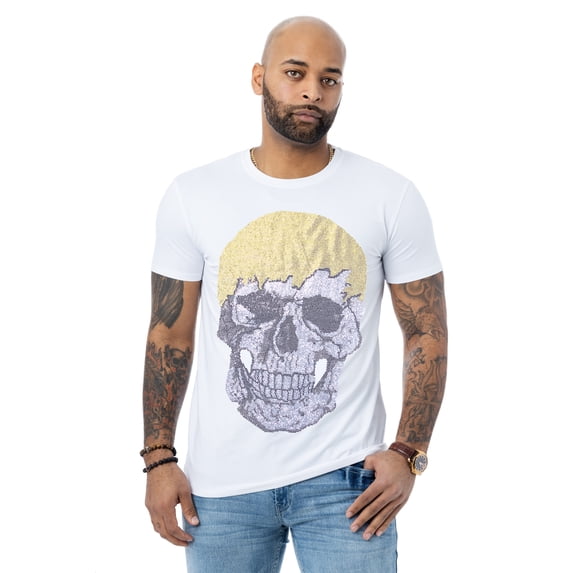 HEADS OR TAILS Men's Rhinestone Graphic T-Shirt, Skull Printed Bling Stone Studded, Slim Fit Casual Tee for Men