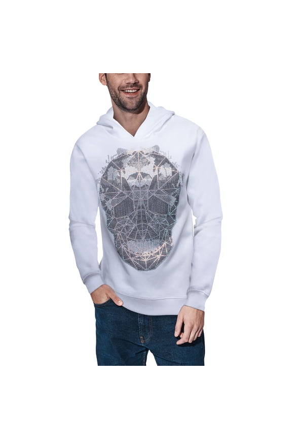 Mens Geometric Skull Rhinestone Hoodie, White, 2XL