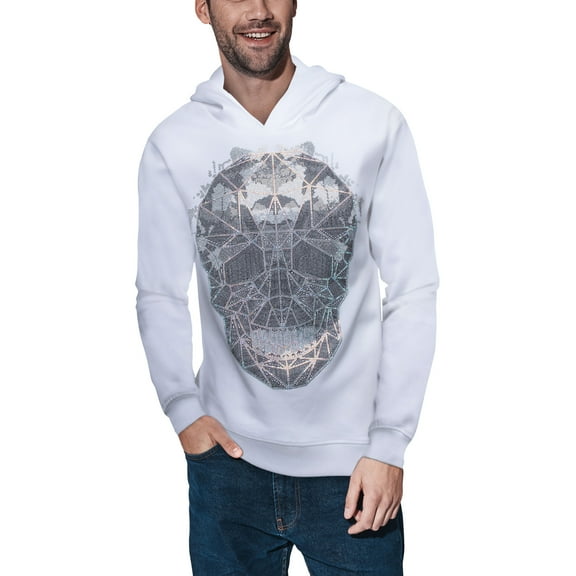 HEADS OR TAILS Mens Geometric Skull Rhinestone Hoodie, White, XL