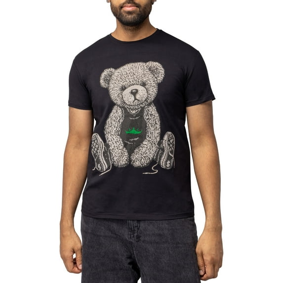 HEADS OR TAILS Mens Rhinestone Tee Seated Bear With Green Crown, Black, M
