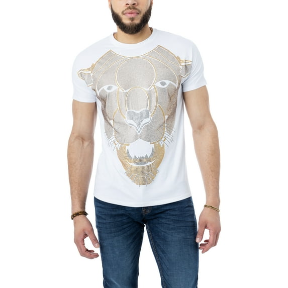 HEADS OR TAILS Rhinestone Studded Graphic Printed T-Shirt, Slim Fit Crewneck Tee for Men Women Unisex, Cougar Face