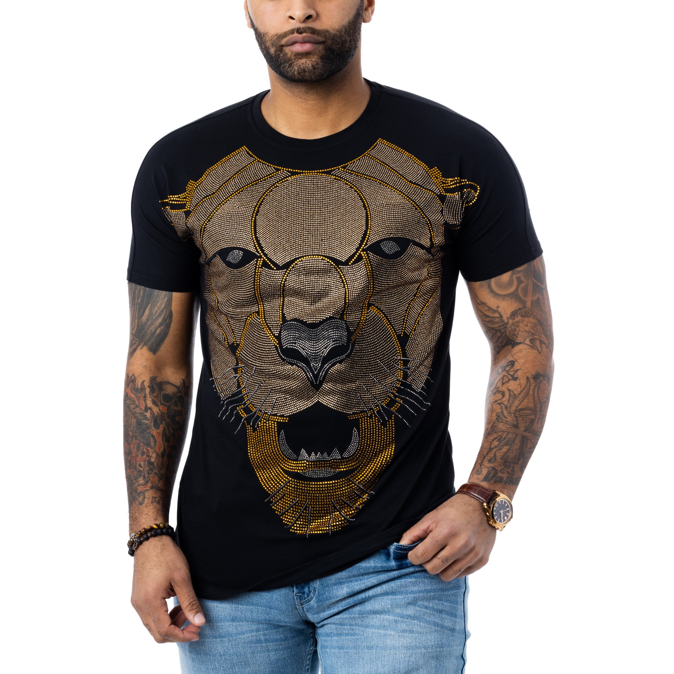 トップス TRIBAL Print Tee M HEADS OR TAILS Mens Saber Tooth Tiger Rhinestone Short