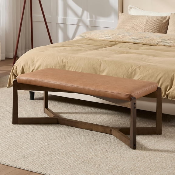 HEAH-YO 49 Mid Century Modern Entryway Bench,Pu Leather Bedroom Dining Bench for End of Bed with X Shape Solid Wood Base,Comfy Ottoman for Living Dining Room Hallway,Brown