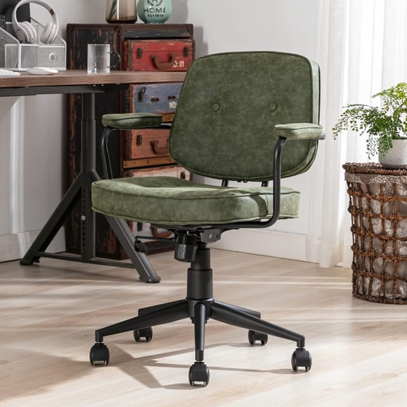 HEAH-YO Modern Armless Desk Chairs Set of 1, Swivel Computer Task Chair with Wheels and Armrests, PU Leather Adjustable Office Chair with Backrest for Home Base, Green