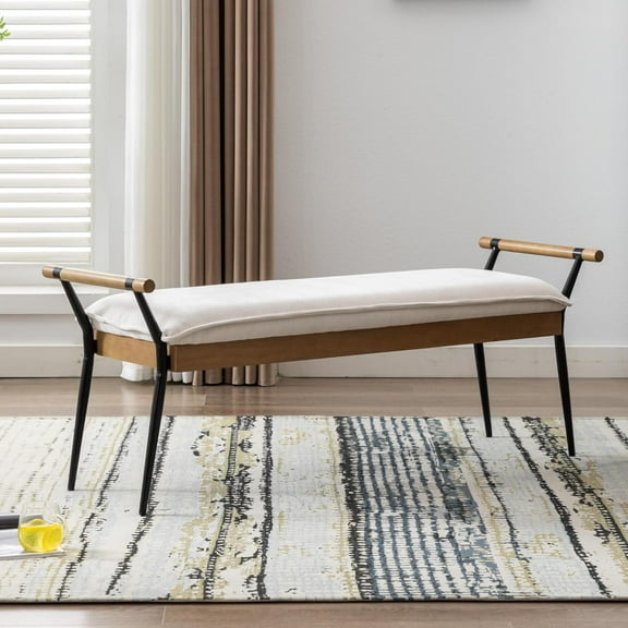 HEAH-YO Modern Dining Bench, 51 Inches Entryway Bench with Armrests, Upholstered Chenille Fabric End of Bench for Bedroom, White