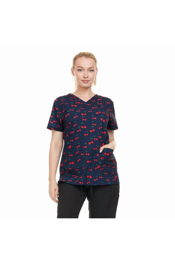 HEAL+WEAR Cherry Pattern V-Neck Scrub Top Women’s Multi Pocket Spa Medical Uniform for Nurse 4-Way Stretch