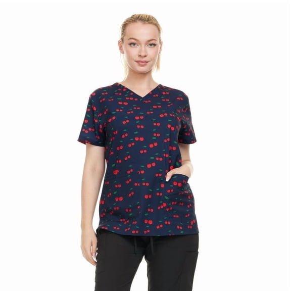 HEAL+WEAR Cherry Pattern V-Neck Scrub Top Women’s Multi Pocket Spa Medical Uniform for Nurse 4-Way Stretch