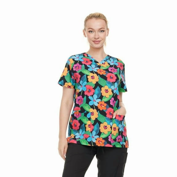 HEAL+WEAR Vibrant Floral V-Neck Scrub Top Stretch Comfort with Multi-Pocket 4-Way Stretch