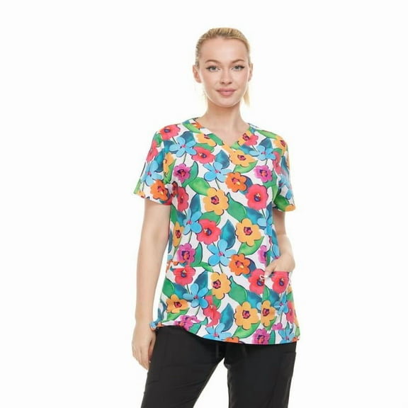 HEAL+WEAR Vibrant Floral V-Neck Scrub Top Stretch Comfort with Multi-Pocket 4-Way Stretch