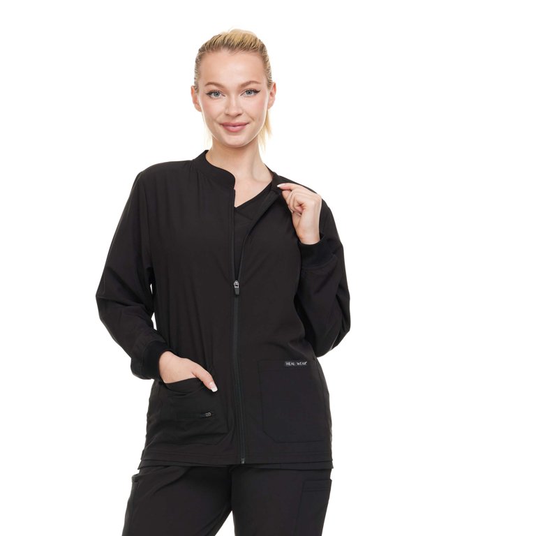 HEAL WEAR Women Scrubs Jacket Long Sleeve Female Medical with Pockets 4 Way  Stretch Black Size x-Large 