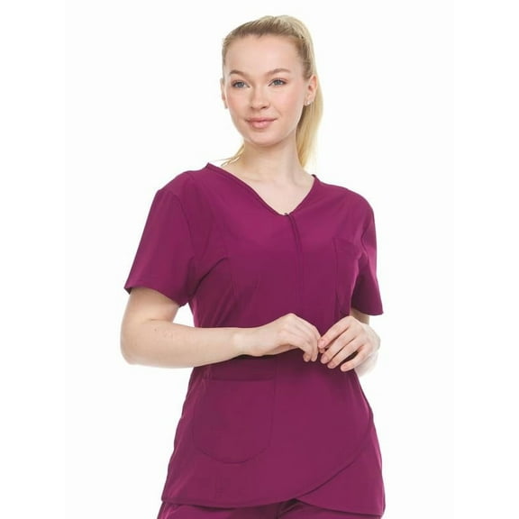 HEAL WEAR Women’s Crossover Zip Front Scrub Top 4-Way Stretch Multi-Pocket Medical Workwear
