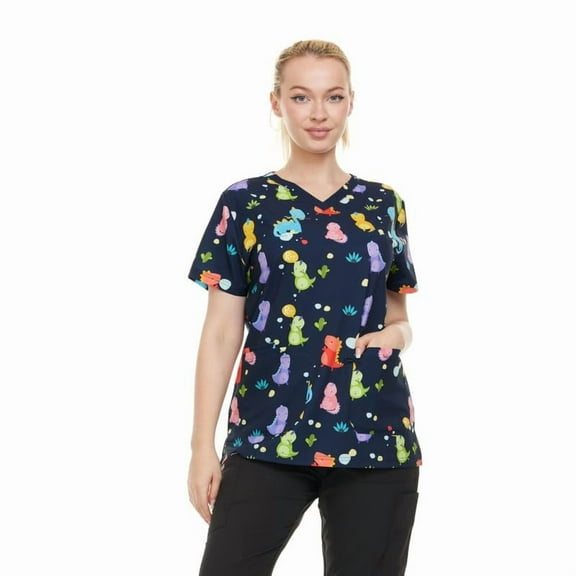 HEAL+WEAR Women's Printed V-Neck Scrub Top 4-Way Stretch Multi-Pocket,Clinical Scrub Nurse Clinical Suit