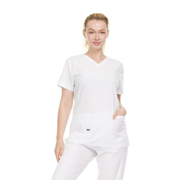 HEAL WEAR Women’s V-Neck Multi-Pocket Scrub Top Stretch Comfort Fabric 4-Way Stretch
