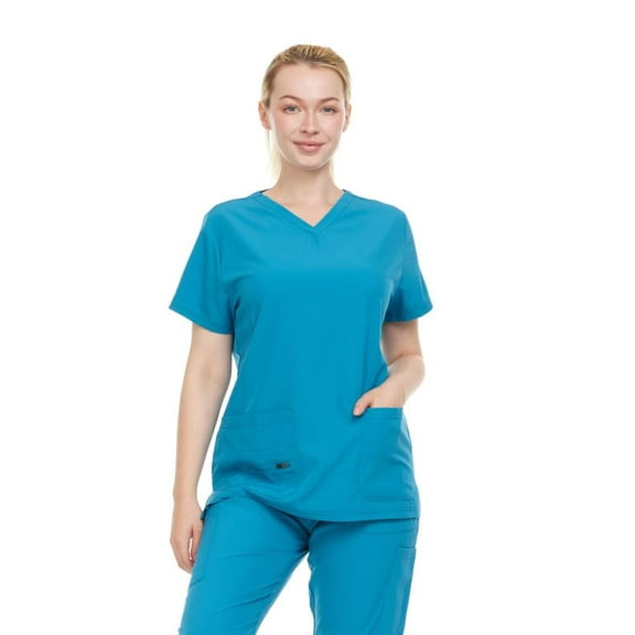 HEAL WEAR Women’s V-Neck Multi-Pocket Scrub Top Stretch Comfort Fabric 4-Way Stretch