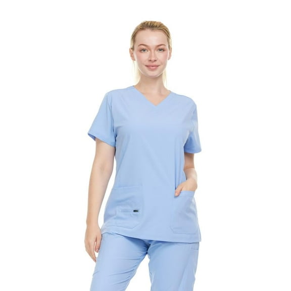 HEAL WEAR Women’s V-Neck Multi-Pocket Scrub Top Stretch Comfort Fabric 4-Way Stretch